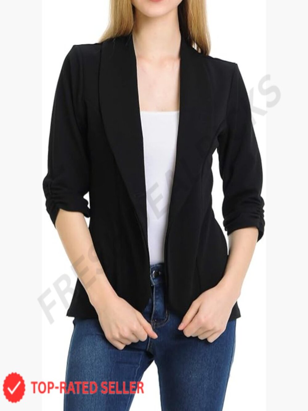 Lightweight Blazer 3/4 Ruched Sleeve Classic Work Office Jacket Chic